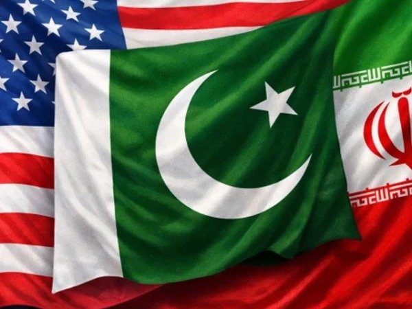 Pakistani flag and US-Iran flags with peace concept
