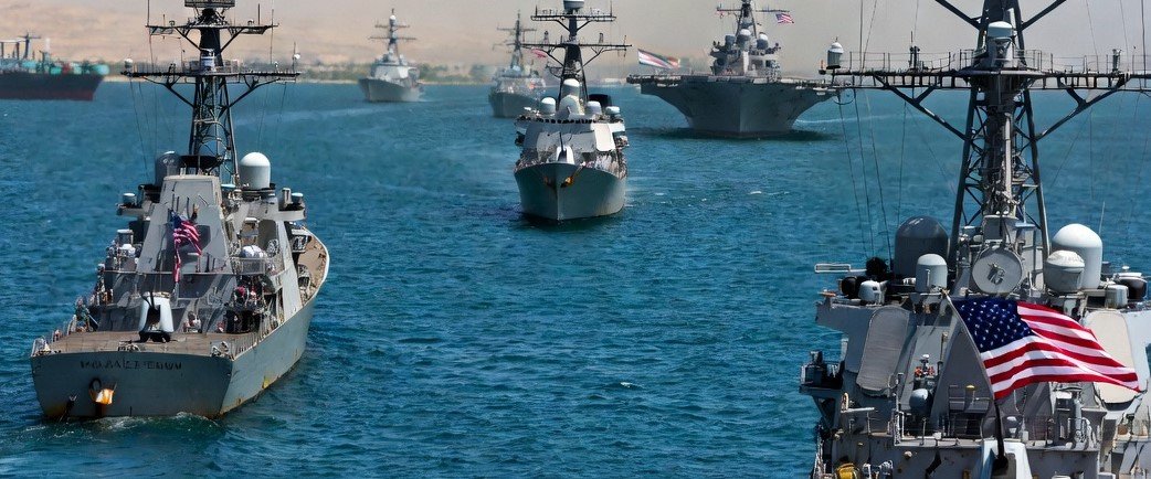 US naval ships enforcing blockade near Iranian ports in Strait of Hormuz