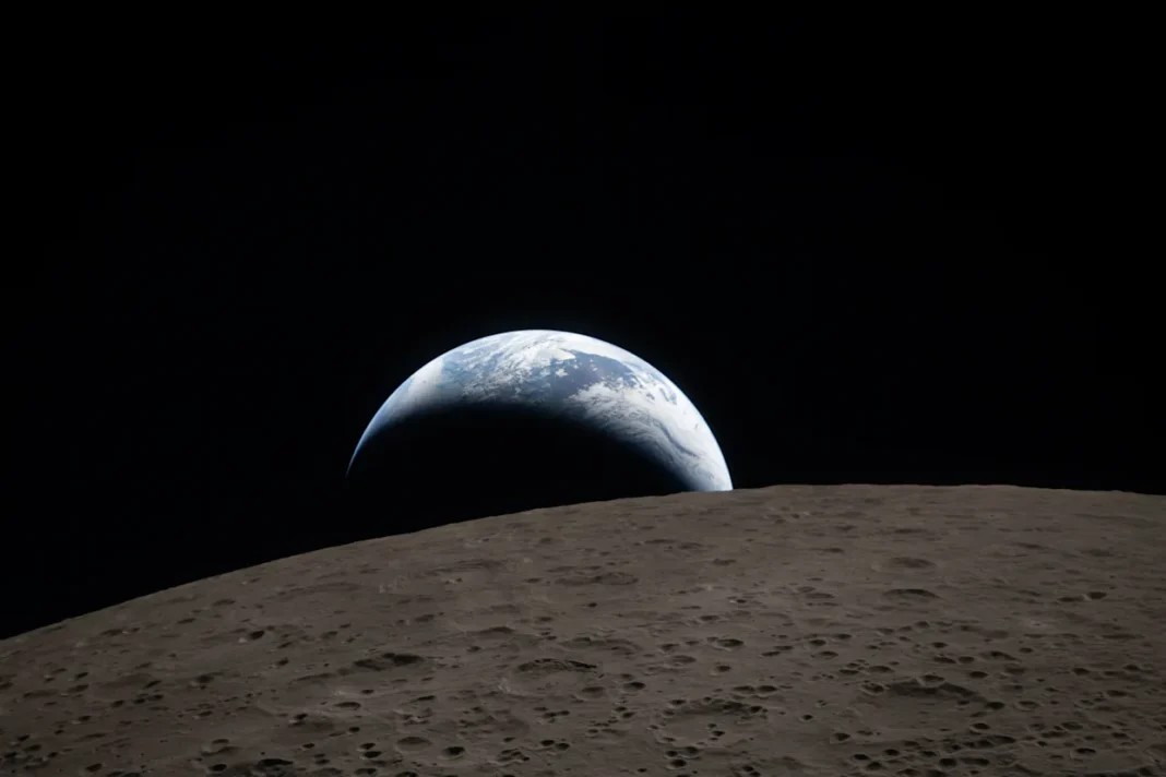 Artemis II Orion spacecraft near Moon with Earthrise view