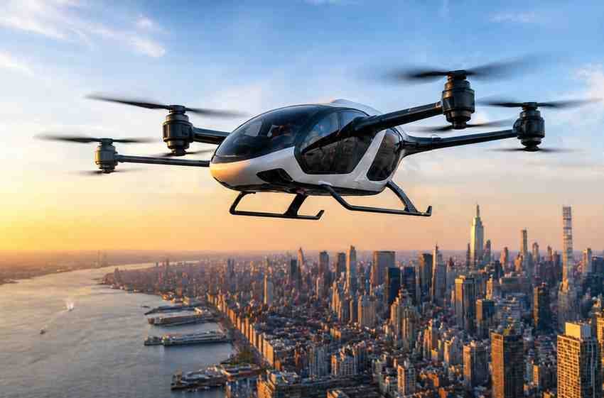 Electric air taxi flying above a modern city during sunset