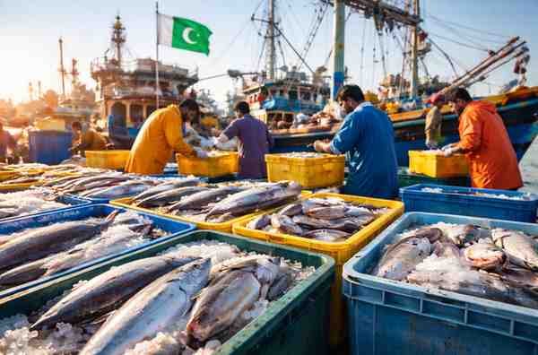 Workers sorting fresh fish at a busy harbor as Pakistan expands seafood exports