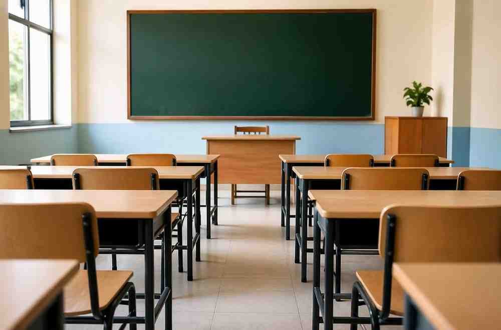 Empty classroom with desks and chalkboard in a school setting