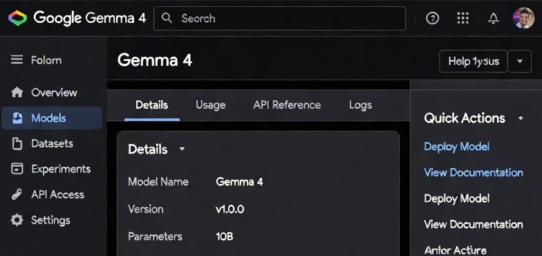 Google Gemma 4 AI model interface showing advanced AI features and developer tools