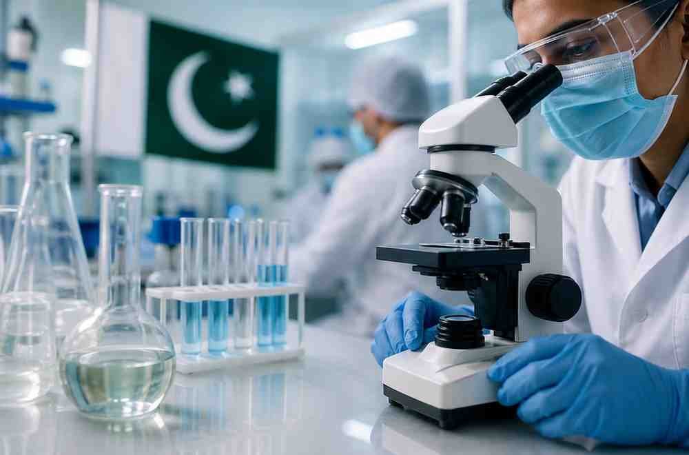 Scientist using microscope in a modern laboratory representing Pakistan drug testing