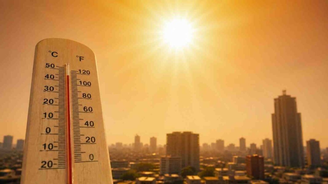 Thermometer showing extreme temperature with sun over hot city skyline.