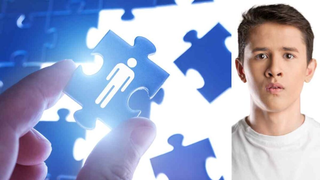 Human behavior concept showing puzzle piece with person icon and confused face expression