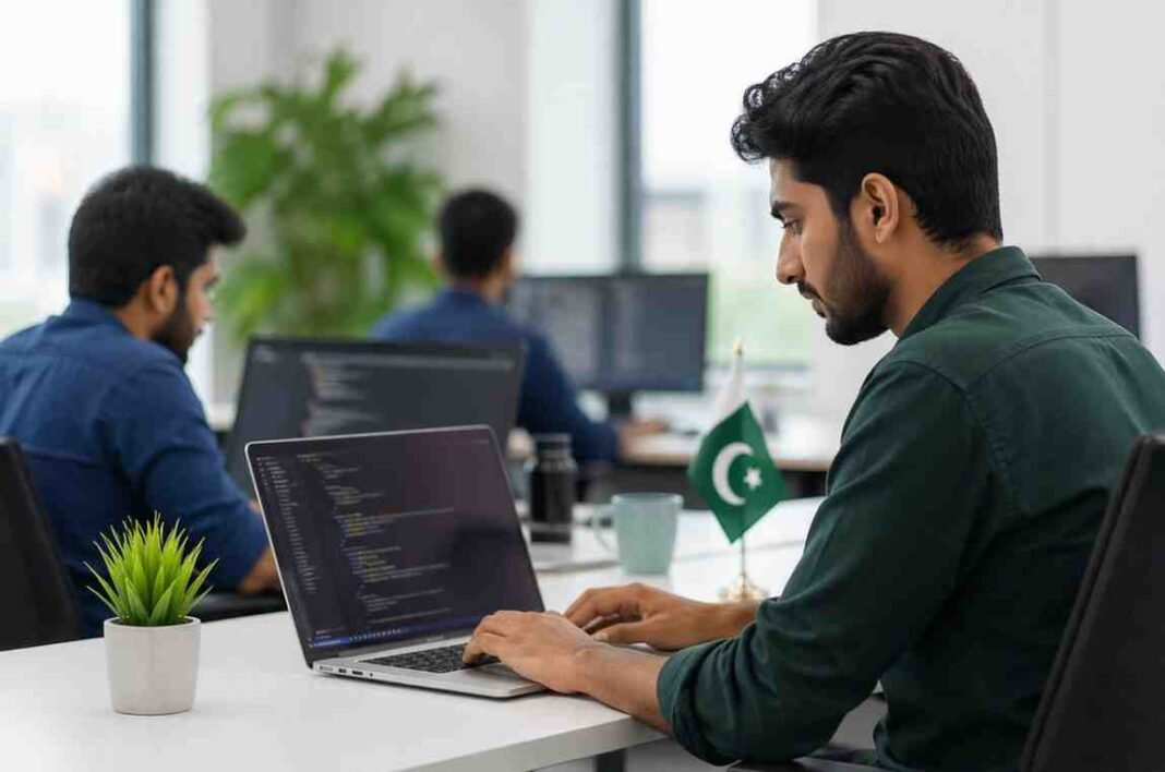 Pakistani IT graduate coding on laptop in modern tech office