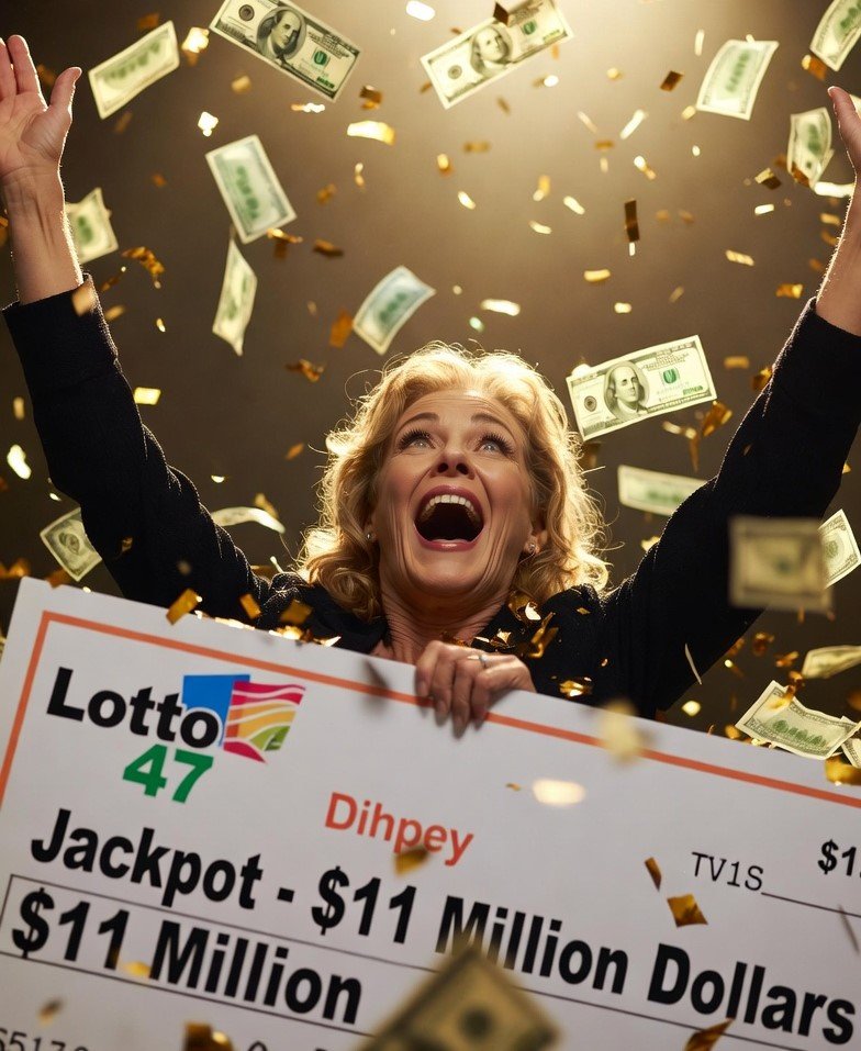 Woman celebrating lottery jackpot win after years of playing
