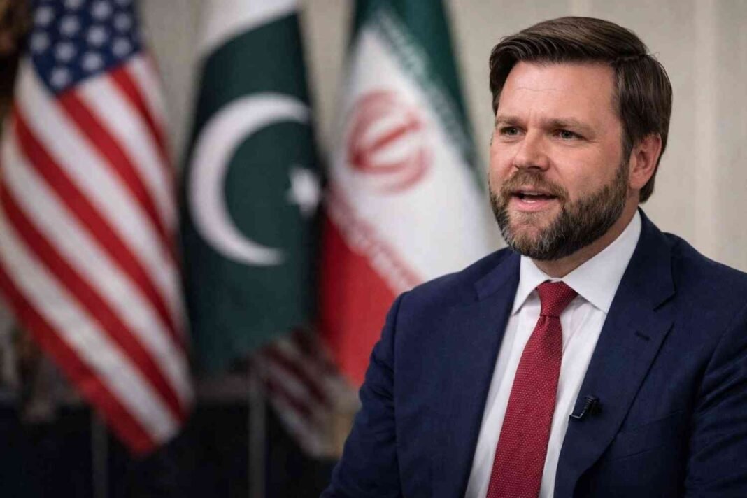 JD Vance discussing Iran talks in Islamabad with US, Pakistan, and Iran flags in the background