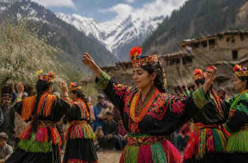 Kalash women in colorful traditional dresses dancing in a mountain village