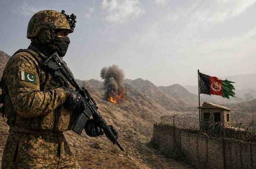 Pakistani soldier standing alert near border area with smoke rising in background.