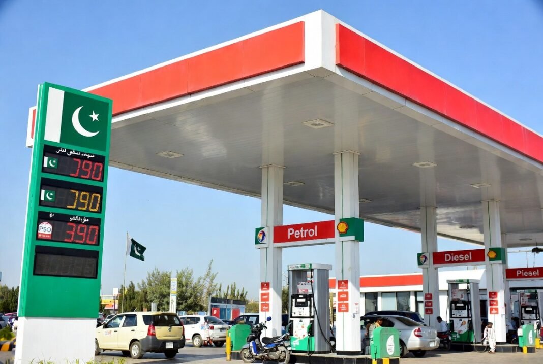 Fuel station in Pakistan showing petrol and diesel prices
