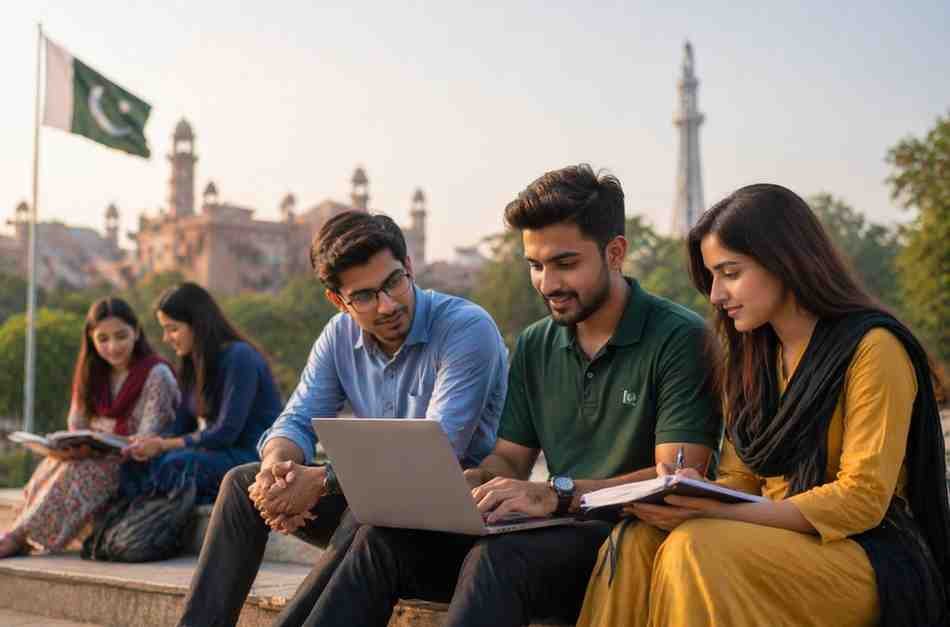 Pakistani students working together on a laptop outdoors, representing a generation that refuses to settle