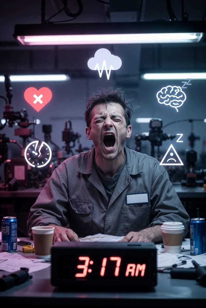 Night shift worker looking tired at workplace showing health risks and sleep disruption effects