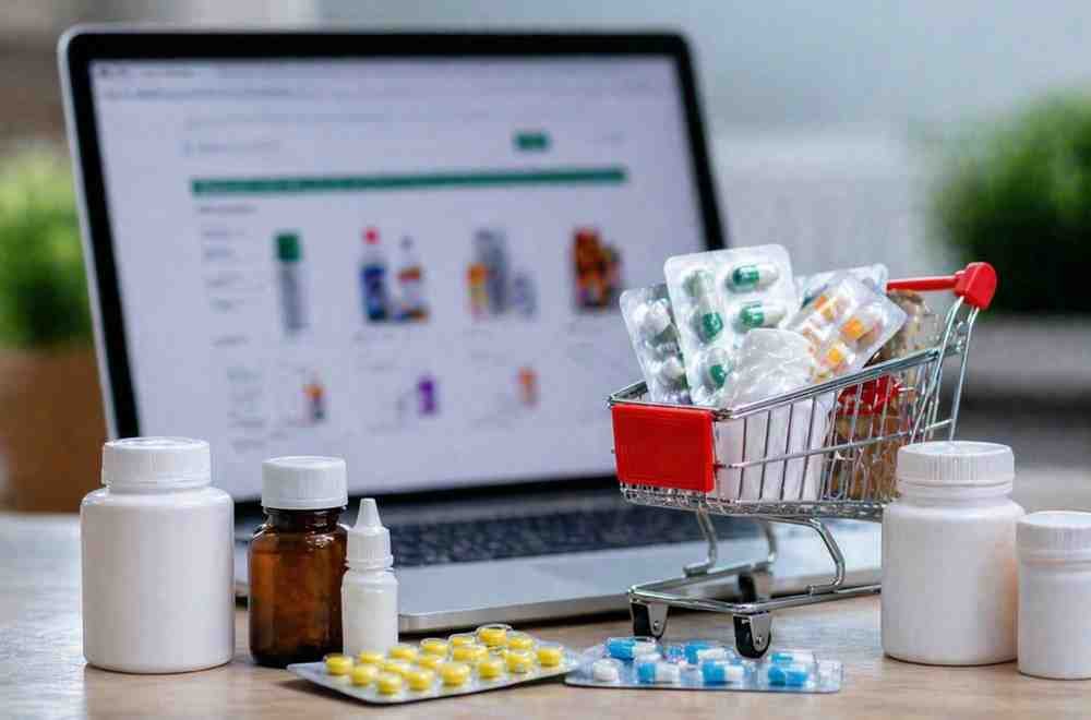 Medicines in a shopping cart with a laptop showing online store