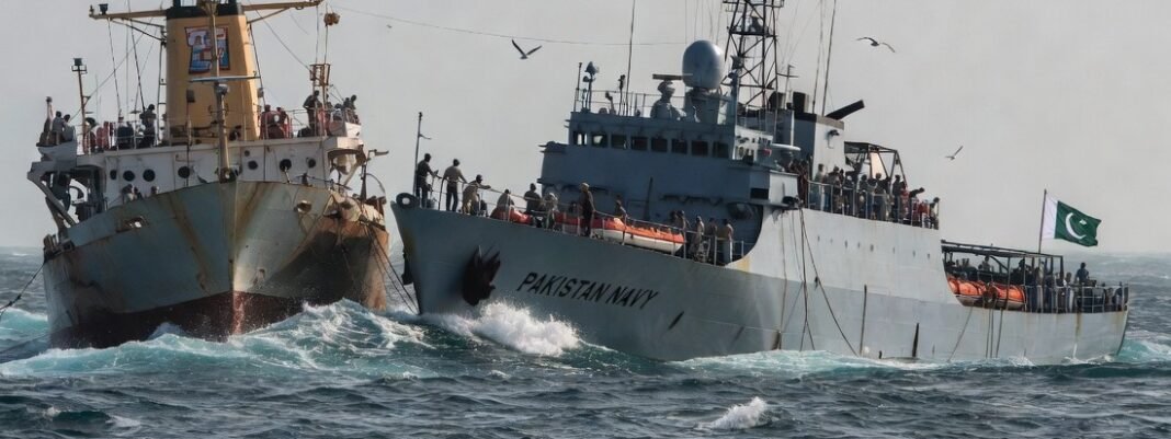 Pakistan Navy Rescues 18 Crew Members in North Arabian Sea Pakistan Navy ship rescuing crew members from merchant vessel in North Arabian Sea