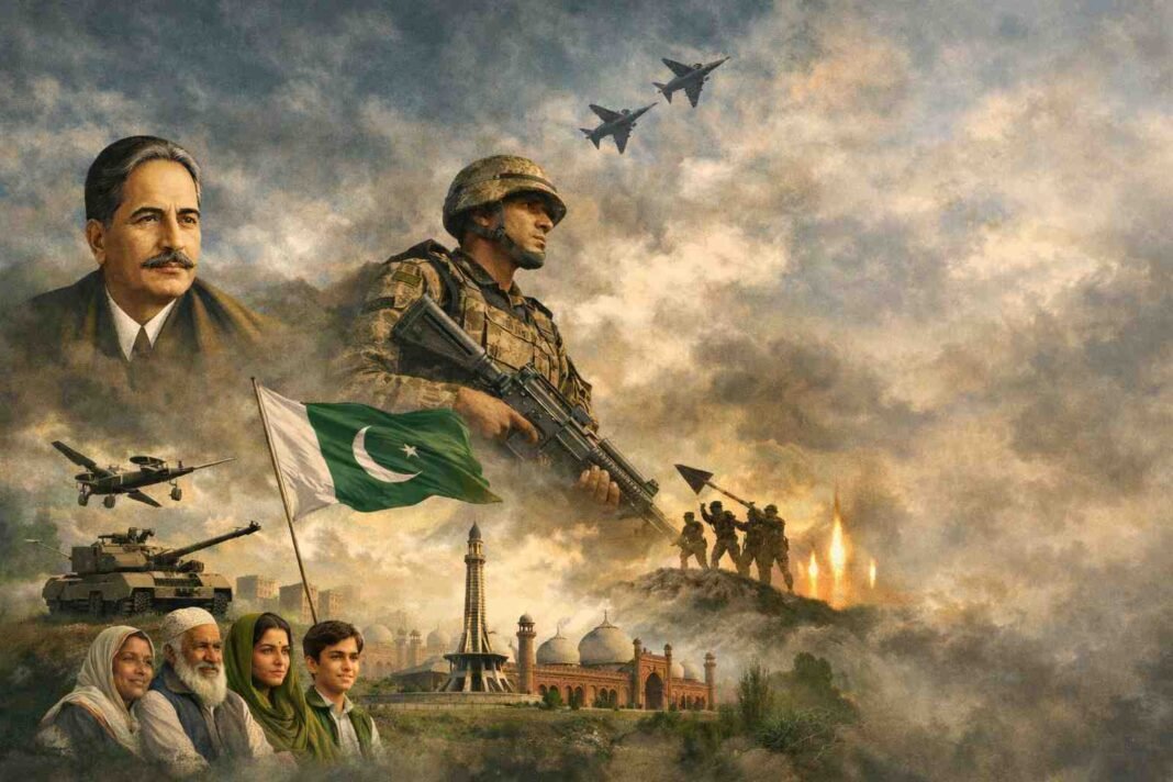 Brave fearless Pakistan with Iqbal message and national unity illustration