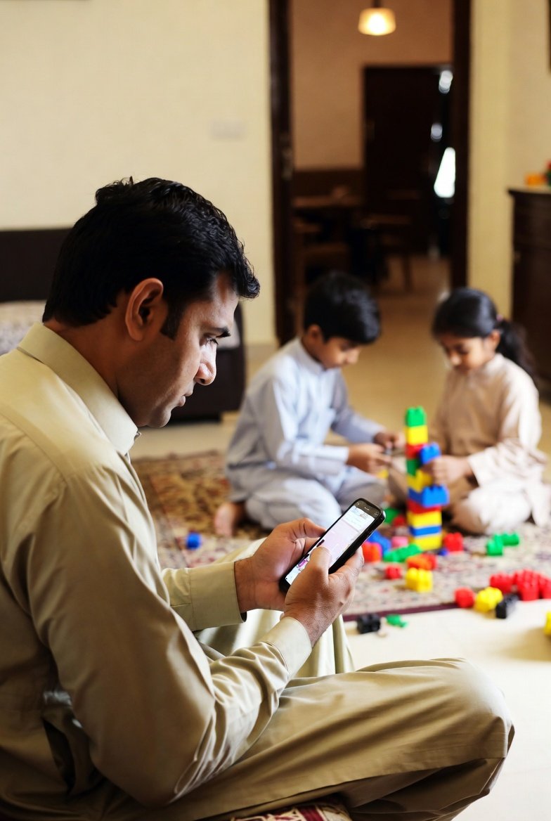 Parental Screen Time Harms One of Children’s Basic Skill Parent using a smartphone while child plays nearby, highlighting reduced interaction and learning opportunities