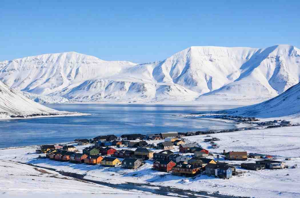 Snowy Longyearbyen town in Svalbard Arctic Norway landscape