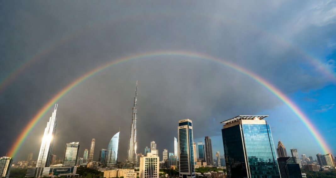 Full rainbow over Karachi skyline after heavy rainfall