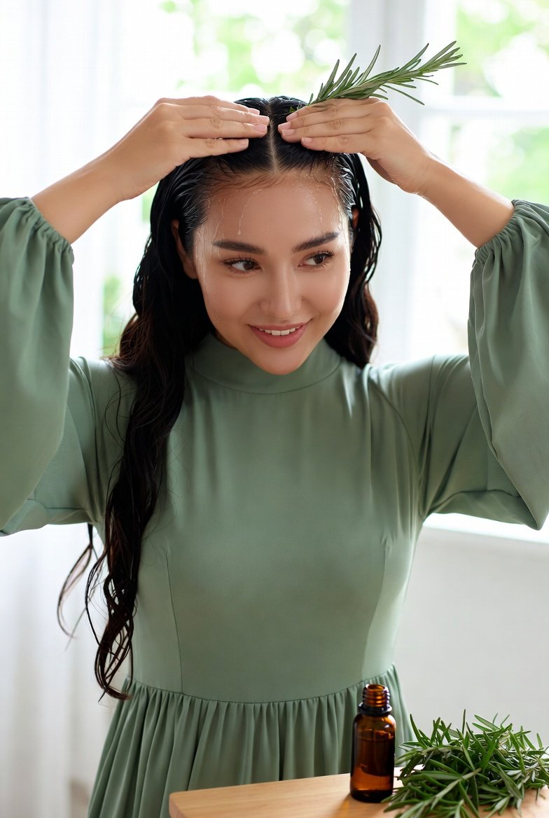 Woman applying rosemary oil to scalp for hair growth