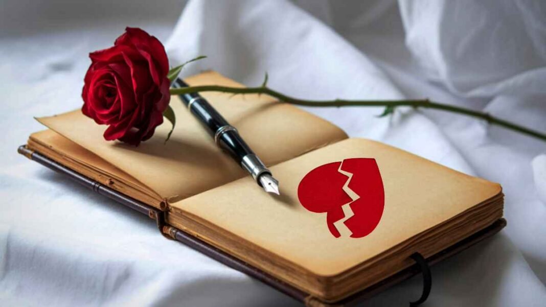 Sad poetry in Urdu concept with broken heart symbol on book and red rose