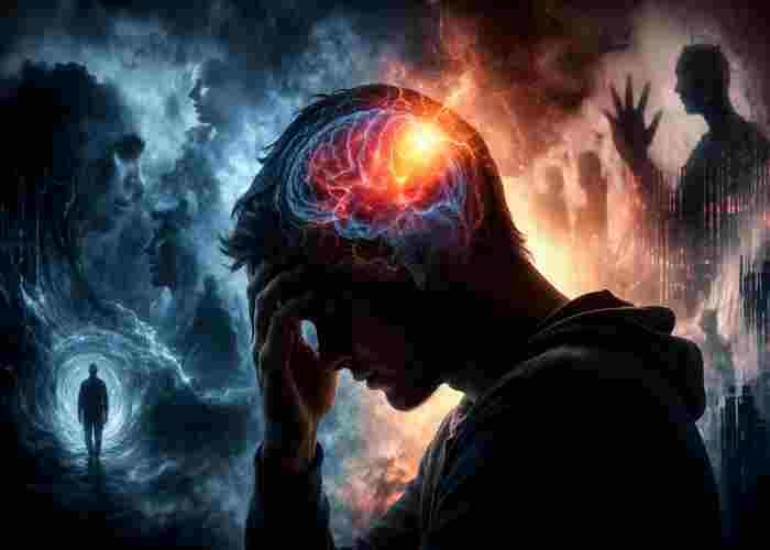 man experiencing schizophrenia symptoms with hallucinations and brain activity visualization