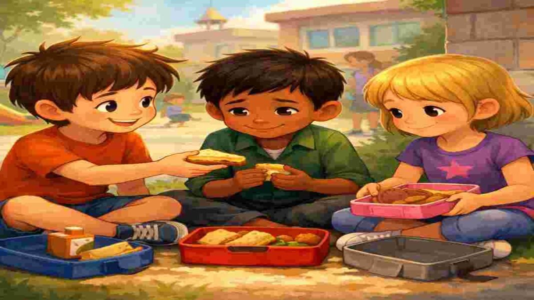 kids sharing food during lunch in sharing story for kids