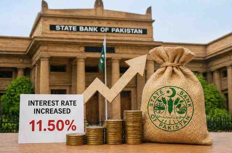 State Bank of Pakistan building with rising interest rate graph and financial symbols.