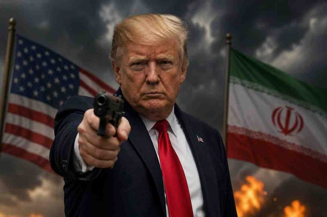 Donald Trump holding a gun with US and Iran flags in a tense background scene