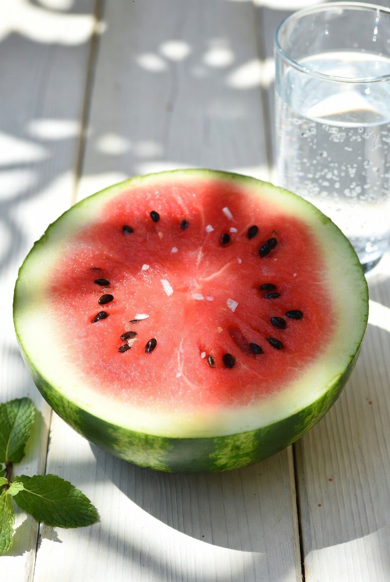 Slice of watermelon with a pinch of salt on top, served on a summer table.