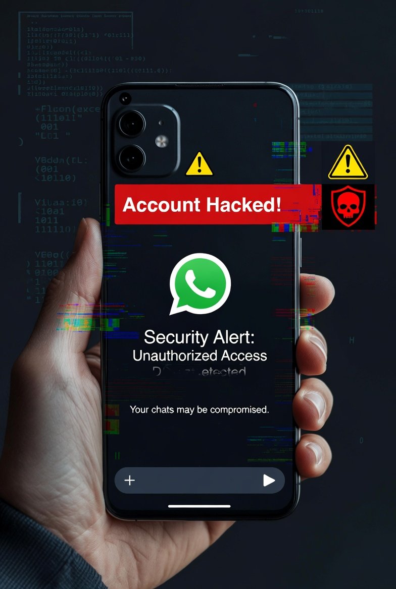 Smartphone showing WhatsApp hacking alert and cyber security warning