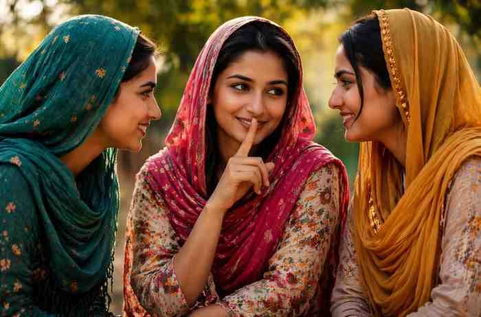Three Pakistani women in traditional dress expressing emotions through gestures and expressions without words