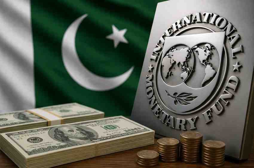 IMF financial support concept image with Pakistan flag and US dollar bundles
