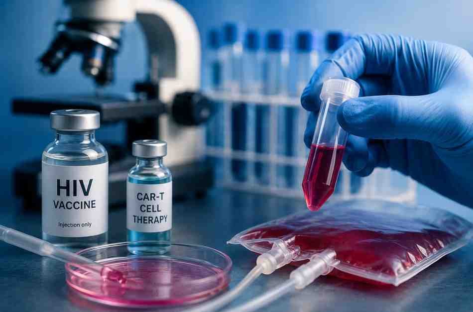Laboratory research scene showing HIV treatment testing, medical samples, and advanced cell therapy equipment.