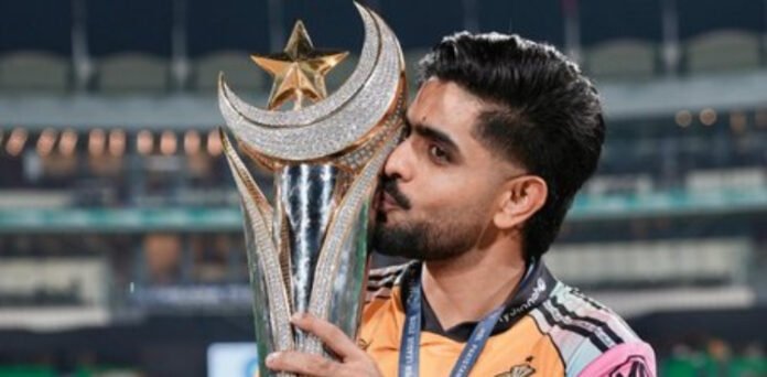 Babar Azam holding PSL trophy after title win