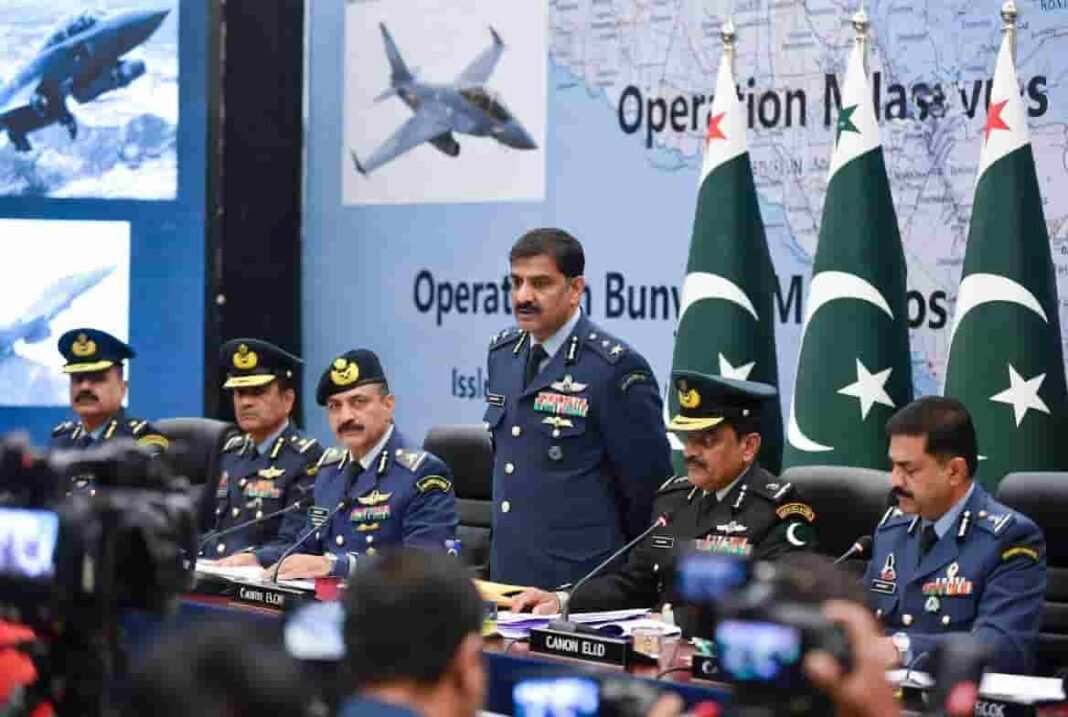 Pakistan Air Force officials during press conference discussing Operation Bunyan Marsoos and military claims