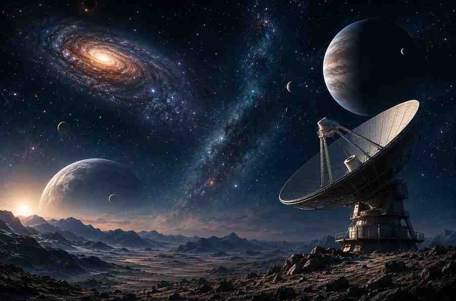Deep space view with radio telescope searching for alien life in the universe