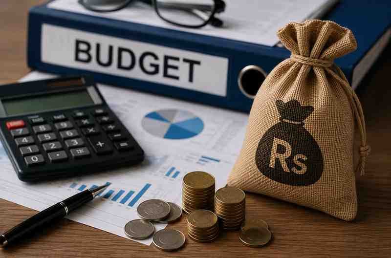 Budget planning documents with calculator, Pakistani rupee money bag, and financial charts on office desk