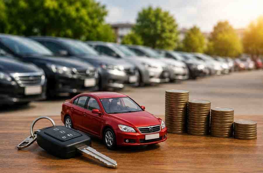 Car keys and red car model with coins representing budget relief for car buyers