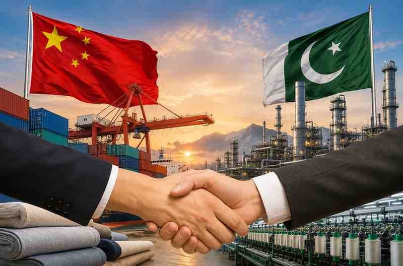 Chinese Investment in Pakistan Brings 20,000 Jobs Chinese and Pakistani flags with industrial plants, shipping containers, and business handshake representing foreign investment in Pakistan.