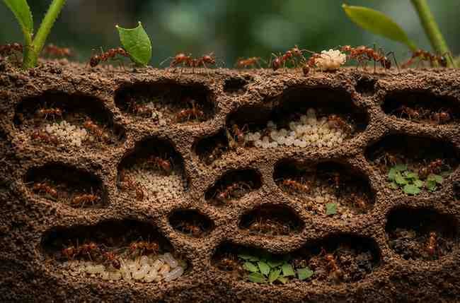 Detailed underground ant colony showing tunnels, chambers, eggs, and worker ants.