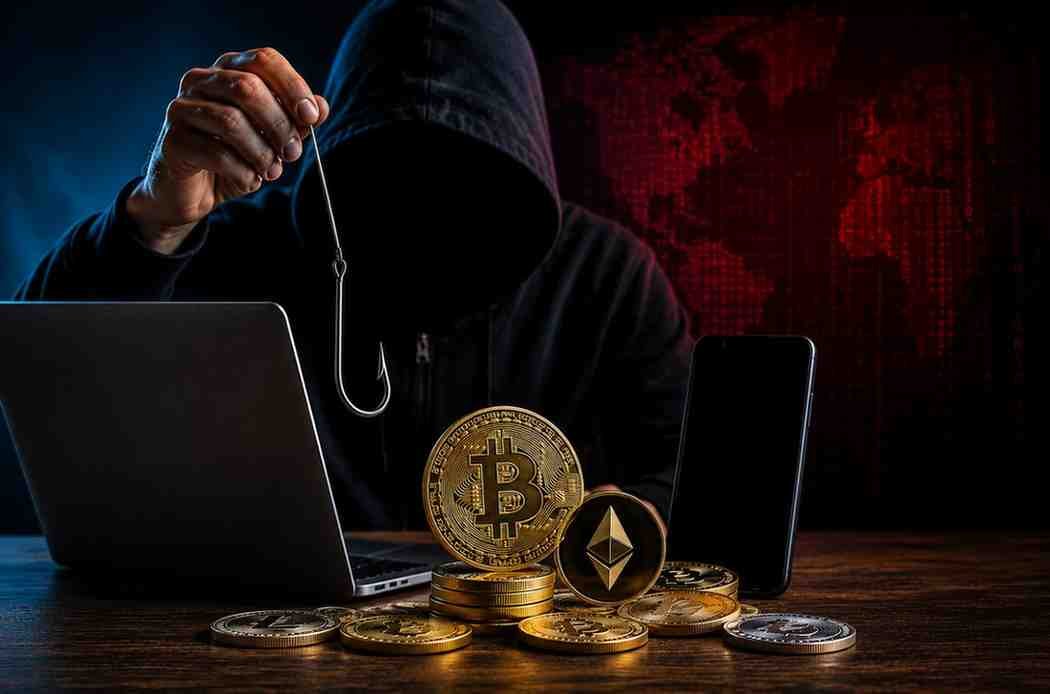 Hooded hacker with cryptocurrency coins and digital scam warning symbols