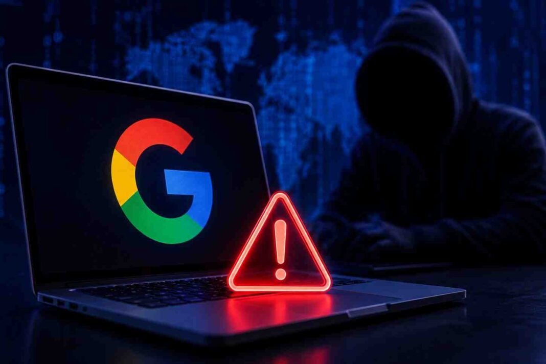 Laptop with Google logo and cyber warning symbol beside a hooded hacker figure