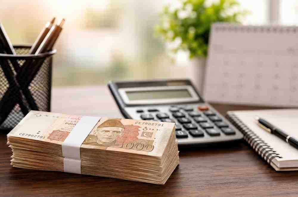 Pakistani currency placed on an office desk before Eid salary distribution announcement in Sindh