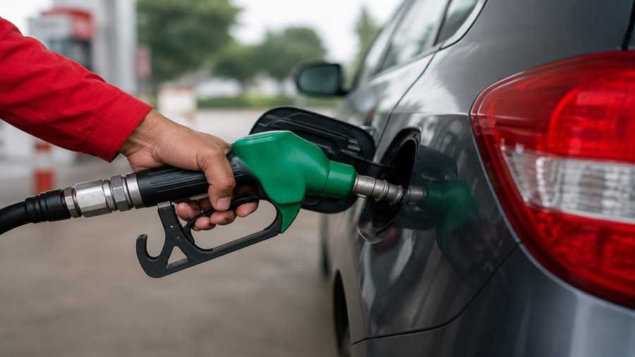 Person filling car with fuel at petrol station after government fuel price reduction in Pakistan