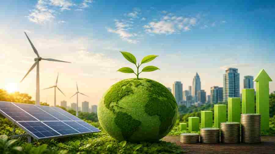 Solar panels, wind turbines, green globe, and economic growth chart representing green technology and sustainable economy