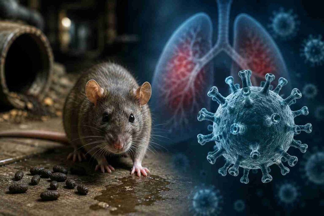 Rat with virus particles representing hantavirus infection and global health concerns