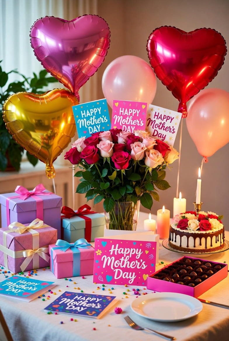 Decorative Mother’s Day celebration setup with flowers, greeting cards, candles, and “Happy Mother’s Day” lettering on a festive background