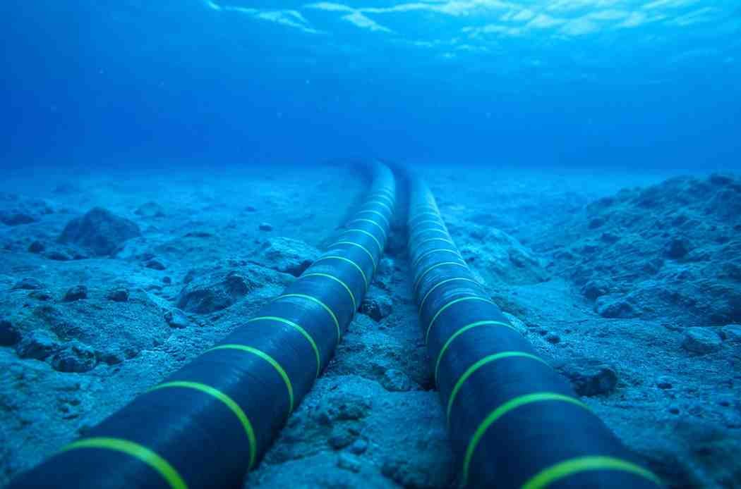 Undersea internet cables running across the seabed near the Strait of Hormuz.